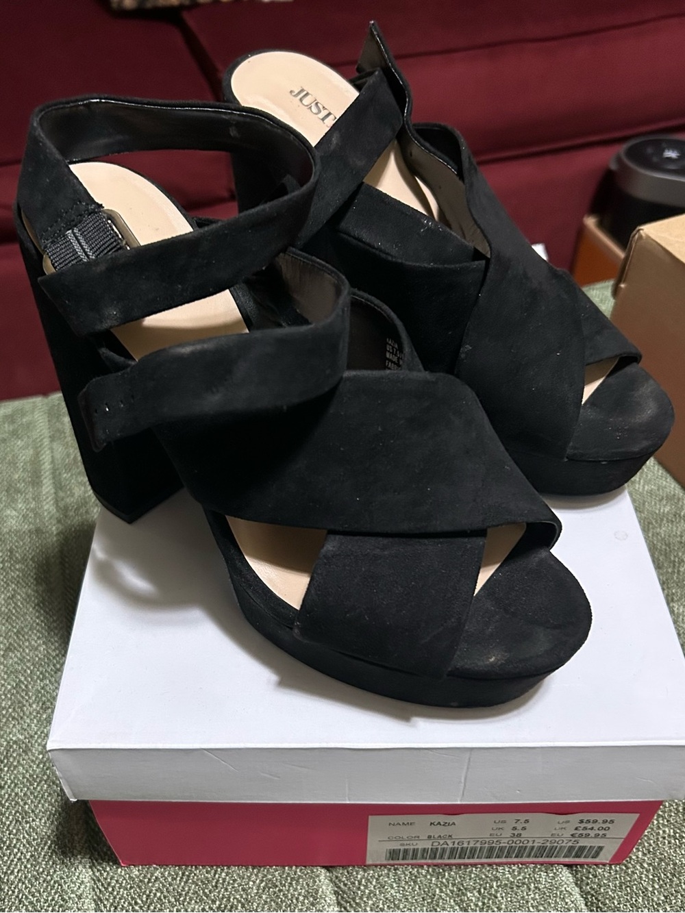 JustFab Black Suede Crisscross Platform Block Heels